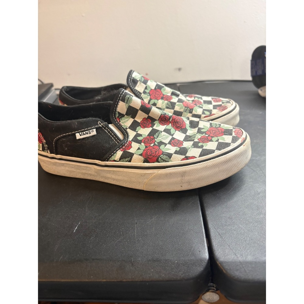 Vans Classic Slip-On Checkerboard Rose Floral Black White Red Shoes Womens 6.5